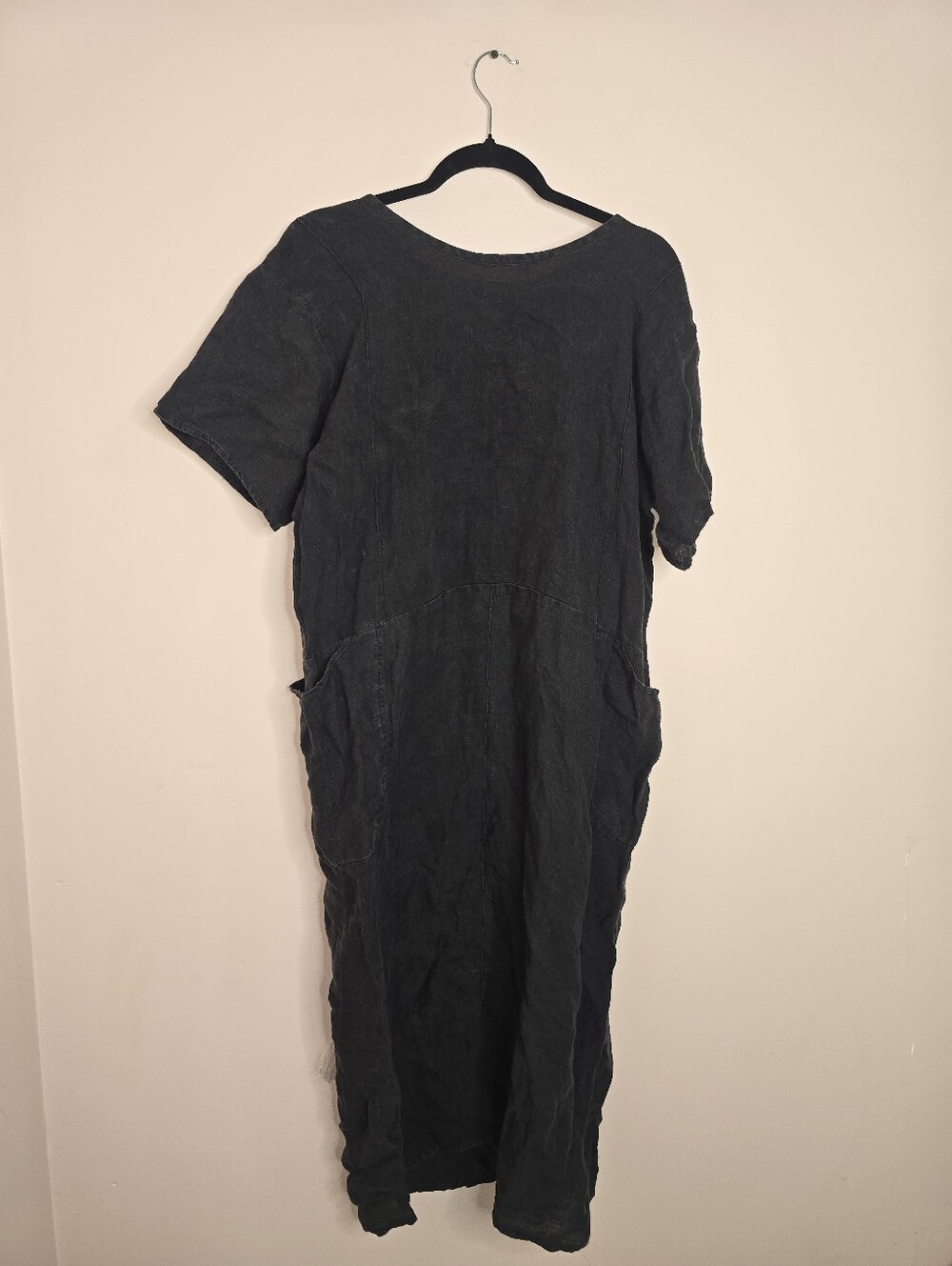 Flax Women Pocket Dress Black 100% Linen Short Sleeve Size Medium